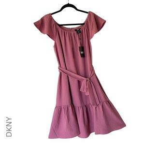 NWT DKNY FLUTTER SLEEVE DRESS RUFFLE HEM TIE WAIST ROSE | SIZE 4